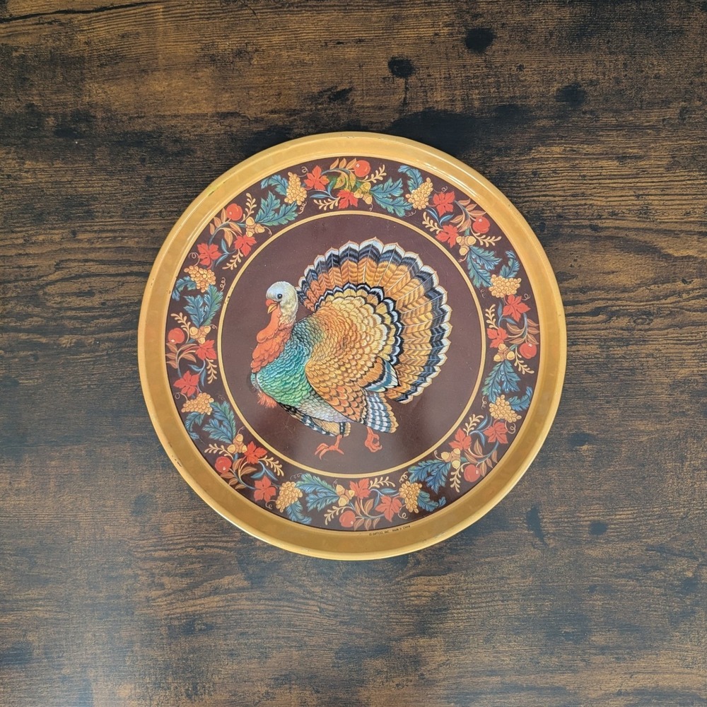 Vtg Giftco Metal Serving Tray Turkey Harvest Metal Thanksgiving Fall Decor